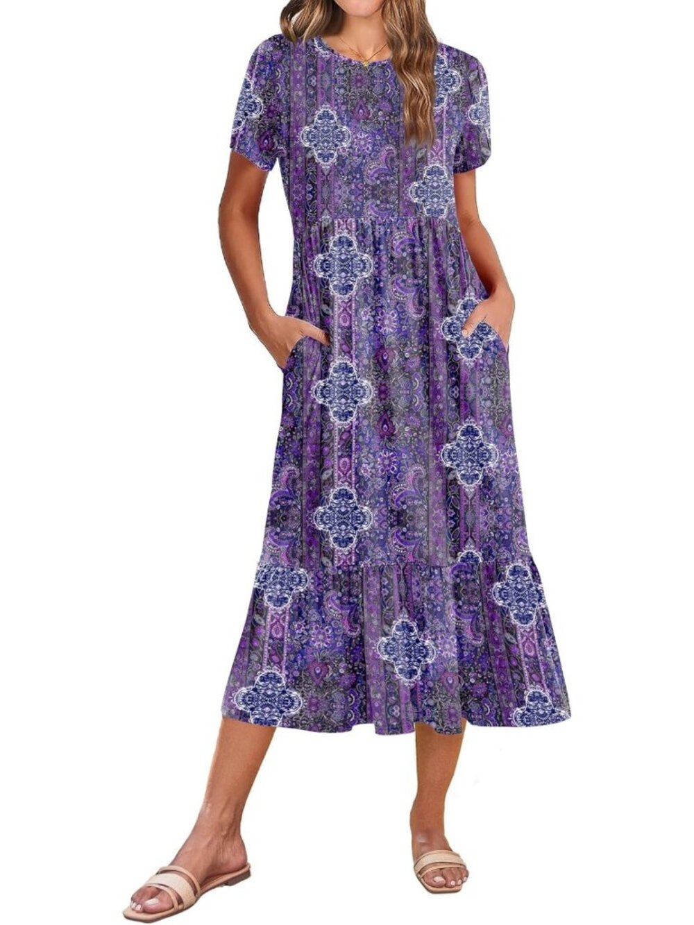 Summer Midi A-Line Dress for Women - Short Sleeve, Flowy, Tiered, Pockets, Beach